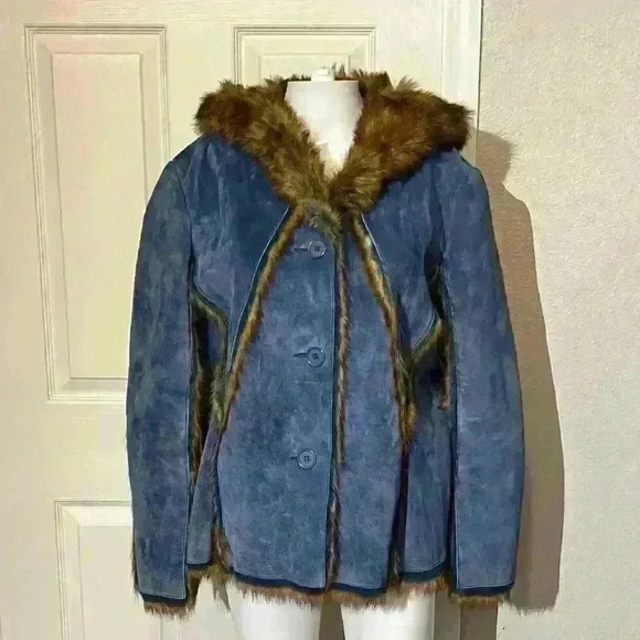 The LOOK Randolph Duke Womens Suede & Faux Fur Blue Fox Jacket Hood Size Large - Picture 1 of 16